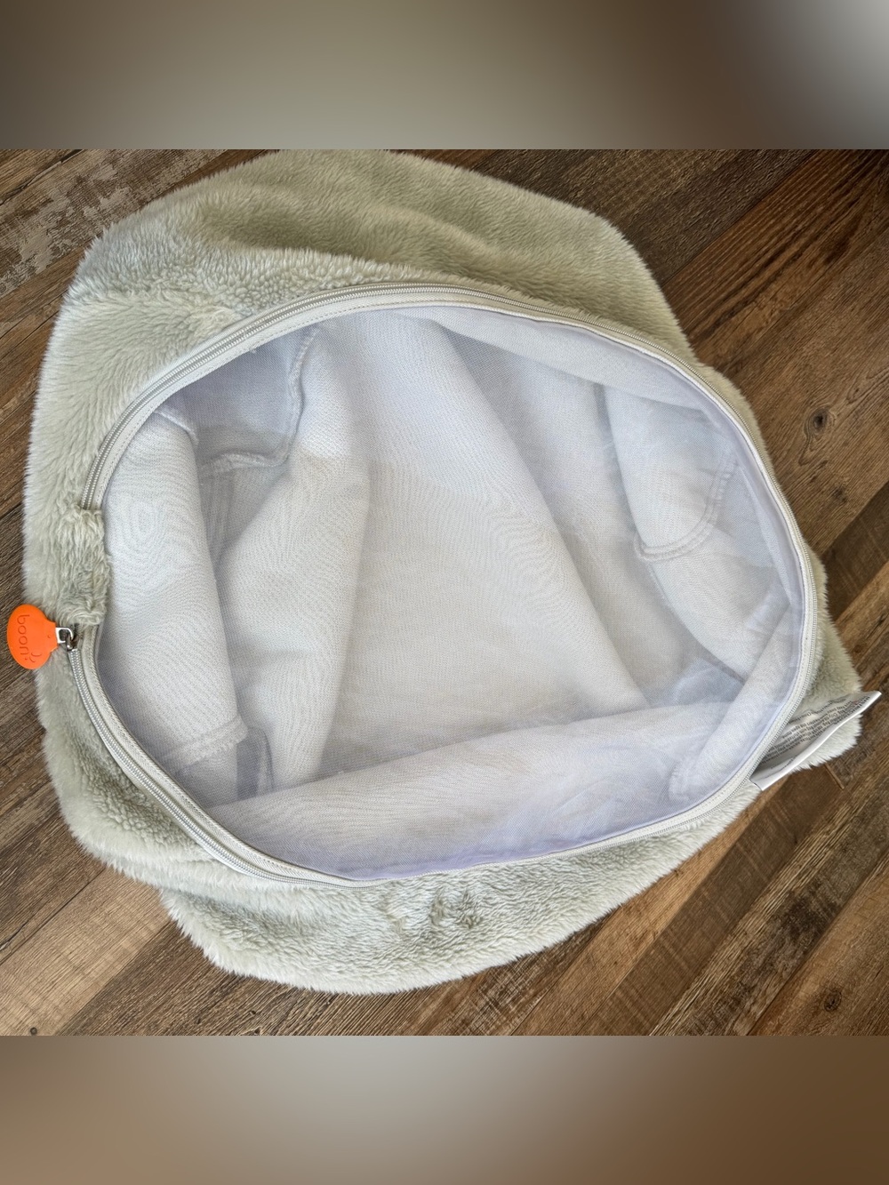Boon stuffed animal bag in grey faux fur and white mesh